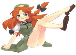Rule 34 | 1girl, ass, bad id, bad pixiv id, blue eyes, blush, blush stickers, breasts, china dress, chinese clothes, dadami, dress, embodiment of scarlet devil, female focus, full body, hat, hong meiling, long hair, no panties, red hair, ribbon, simple background, solo, star (symbol), touhou, white background