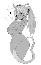 Rule 34 | 1girl, animal ears, arms up, blush, breast press, breasts, cat ears, cat girl, cat tail, dark skin, gs16 (chug), hands on own face, heart, heart-shaped pupils, highres, jourjii, large breasts, long hair, looking at viewer, monochrome, nervous, nipples, nude, original, ponytail, scrunchie, solo, symbol-shaped pupils, tail, thick thighs, thighs