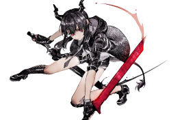 Rule 34 | 1girl, absurdres, arknights, black footwear, black gloves, black hair, black jacket, black necktie, black shorts, boots, ch&#039;en (arknights), closed mouth, commentary, dragon horns, dragon tail, fingerless gloves, full body, gloves, glowing, glowing sword, glowing weapon, highres, holding, holding sword, holding weapon, hood, hood down, hooded jacket, horns, jacket, lizeyan (cpj), long hair, looking at viewer, necktie, open clothes, open jacket, red eyes, serious, shin guards, shirt, shorts, simple background, slashing, solo, sword, tail, weapon, white background, white shirt