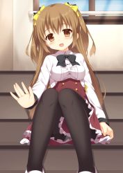 Rule 34 | 1girl, :d, bad id, bad pixiv id, black bow, black bowtie, black pantyhose, blouse, blush, bow, bowtie, breasts, brown eyes, brown hair, collared shirt, frilled skirt, frills, hair between eyes, hair bow, head tilt, high-waist skirt, indoors, long hair, long sleeves, looking at viewer, medium breasts, open mouth, original, outstretched arm, panties, panties under pantyhose, pantyhose, red skirt, shirt, shoes, sidelocks, sitting, sitting on stairs, skirt, skirt hold, smile, solo, stairs, tareme, two side up, underwear, usagino suzu, white footwear, white panties, white shirt, window, yellow bow