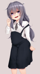 Rule 34 | 1girl, @ @, bad id, bad pixiv id, beige background, black dress, blush, collared shirt, crazy eyes, crazy smile, dress, grey hair, hair between eyes, highres, long hair, looking at viewer, mojo, ne an ito, neck ribbon, open mouth, original, pinafore dress, purple eyes, ribbon, shirt, simple background, sleeveless dress, smile, solo, white shirt