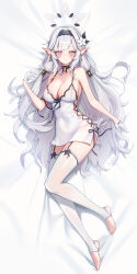 Rule 34 | 1girl, absurdres, alternate breast size, bed sheet, black hairband, blue archive, blush, breasts, cleavage, closed mouth, collarbone, commentary, dress, feet, flower, full body, gloves, grey hair, grey halo, hair flower, hair ornament, hair tubes, hairband, halo, highres, himari (blue archive), hovaku, knees together feet apart, large breasts, legs, long hair, mole, mole under eye, no shoes, pointy ears, purple eyes, revision, smile, solo, stirrup legwear, striped clothes, striped hairband, thighhighs, toeless legwear, toes, white dress, white flower, white gloves, white thighhighs