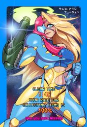Rule 34 | 1girl, arm blade, arm cannon, armor, blonde hair, blue eyes, crop top, english text, fusion suit, long hair, looking at viewer, metroid, metroid fusion, mike luckas, navel, nintendo, power armor, samus aran, smile, solo, space, stomach, toned, weapon