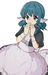 Rule 34 | 1girl, alternate costume, apron, blue eyes, blue hair, drill hair, enmaided, fins, head fins, looking at viewer, maid, puffy short sleeves, puffy sleeves, short sleeves, shukinuko, simple background, solo, touhou, wakasagihime, white background, wrist cuffs