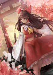 Rule 34 | 1girl, ascot, bad id, bad pixiv id, bow, breasts, brown eyes, brown hair, cherry blossoms, cowboy shot, detached sleeves, gohei, hair bow, hair tubes, hakurei reimu, highres, long hair, looking to the side, medium breasts, midriff, outdoors, pantie painting, petals, red bow, ribbon-trimmed sleeves, ribbon trim, skirt, skirt set, sky, sleeves past wrists, solo, standing, torii, touhou, wide sleeves, wind, wind lift, yellow sky