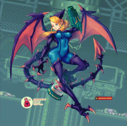 Rule 34 | 1girl, arm cannon, ass, blonde hair, blue eyes, bodysuit, breasts, claws, covered navel, female focus, fusion, highres, looking at viewer, metroid, monster girl, nintendo, ponytail, samus aran, skin tight, supersatanson, thick thighs, thighs, weapon, wings, zero suit