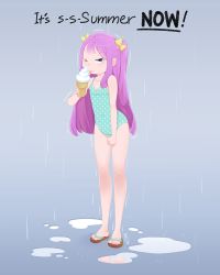 Rule 34 | 1girl, bad id, bad pixiv id, bow, brown hair, clenched hand, cold, english text, flat chest, food, hair bow, ice cream, long hair, looking at viewer, miupix, one-piece swimsuit, one eye closed, original, polka dot, polka dot swimsuit, puddle, purple hair, rain, sandals, solo, standing, summer, swimsuit, trembling, truth, two side up, unmoving pattern