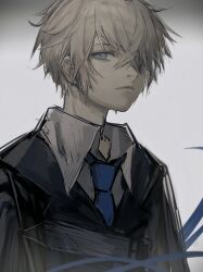 Rule 34 | 1boy, absurdres, arknights, bgsdgfergf, black jacket, black sleeves, blonde hair, blue eyes, blue necktie, chinese commentary, closed mouth, cola, collared shirt, commentary request, executor (arknights), expressionless, gradient background, hair over one eye, highres, jacket, lapels, lips, long sleeves, looking at viewer, male focus, necktie, notched lapels, shirt, short hair, simple background, solo, upper body, white background, white shirt