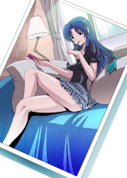 Rule 34 | 00s, 1girl, blue eyes, blue hair, cellphone, couch, cup, eating, food, kawashima ami, lamp, legs, crossed legs, long hair, matching hair/eyes, mouth hold, oobayashi mori, phone, photo (object), pillow, pocky, sitting, skirt, solo, toradora!