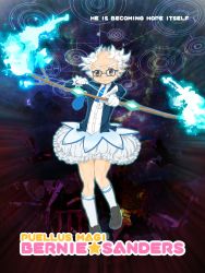 Rule 34 | 1boy, aiming, aiming at viewer, bald, bernie sanders, bow (weapon), character name, commentary, copyright name, english text, glasses, gloves, highres, kneehighs, legs together, looking at viewer, magical girl, mahou shoujo madoka magica, mahou shoujo madoka magica (anime), male focus, messy hair, necktie, old, old man, parody, pointing, pointing at viewer, real life, scott almaguer, skirt, socks, solo, weapon, white hair