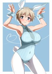 Rule 34 | 1girl, animal ears, armpits, blonde hair, blue background, blue eyes, blue leotard, blush, brave witches, breasts, cameltoe, covered navel, fake animal ears, fake tail, highres, large breasts, leotard, looking at viewer, necktie, nikka edvardine katajainen, pantyhose, playboy bunny, rabbit ears, rabbit pose, rabbit tail, shiny skin, short hair, simple background, smile, solo, sweat, tail, tricky 46, white pantyhose, world witches series