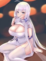 Rule 34 | 1girl, azur lane, blue eyes, breasts, dress, highres, illustrious (azur lane), illustrious (maiden lily&#039;s radiance) (azur lane), kdkaikai, large breasts, long hair, looking at viewer, mole, mole under eye, nightmare, simple background, sitting, sitting on lap, sitting on person, solo, thighhighs, tight clothes, white dress, white hair, white thighhighs