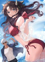 Rule 34 | 1boy, 1girl, alternate costume, archer (fate), ass, ball, beachball, bikini, black hair, black ribbon, blue eyes, blue shirt, breasts, fate/stay night, fate (series), floating hair, from side, hair ribbon, halterneck, highres, holding, holding ball, looking at viewer, official alternate costume, open clothes, open mouth, open shirt, red bikini, ribbon, shimatori (sanyyyy), shirt, short hair, side-tie bikini bottom, smile, solo focus, splashing, sunglasses, swimsuit, tank top, teeth, tohsaka rin, upper teeth only, wading, water, white hair