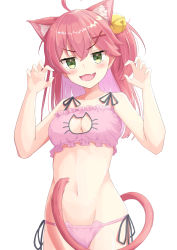Rule 34 | 1girl, absurdres, ahoge, alternate costume, animal ear fluff, animal ears, bare shoulders, bell, blush, breasts, cat ears, cat lingerie, cat tail, cleavage, cleavage cutout, clothing cutout, collarbone, fang, green eyes, groin, hair bell, hair between eyes, hair ornament, hairclip, highres, hololive, kittysuit, long hair, looking at viewer, meme attire, navel, nontraditional playboy bunny, one side up, open mouth, pink hair, sakura miko, solo, starkamisan, tail, virtual youtuber, white background, x hair ornament