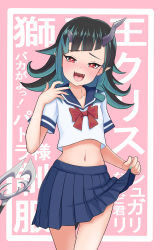 Rule 34 | 1girl, nanashi inc., alternate costume, black hair, blue hair, blue nails, blue skirt, blush, bow, bowtie, crop top, demon girl, demon horns, demon tail, fangs, feet out of frame, flat chest, highres, horns, k waremono, long hair, looking at viewer, midriff, multicolored hair, nail polish, navel, open mouth, pink background, pleated skirt, pointy ears, red bow, red bowtie, red eyes, school uniform, serafuku, shishio chris, short sleeves, skirt, smile, solo, sugar lyric, tail, translation request, two-tone hair, virtual youtuber