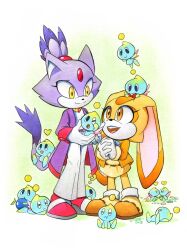 Rule 34 | 2girls, 6+others, blaze the cat, brown eyes, chao (sonic), cream the rabbit, dress, finik, forehead jewel, furry, furry female, gloves, heart, highres, jacket, multiple girls, multiple others, open clothes, open jacket, open mouth, orange dress, orange footwear, pants, pink footwear, purple jacket, shoes, sonic (series), teeth, upper teeth only, white gloves, white pants