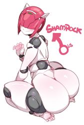 Rule 34 | 1boy, android, ass, blush, colored skin, from behind, hair over eyes, highres, joints, kneeling, lightsource, looking at viewer, looking back, metal skin, pink hair, robot, robot joints, robot neoanthropinae polynian, shamrock (polynian), shiny skin, simple background, solo, trap, white background, white skin