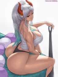 Rule 34 | 1girl, artist name, ass, back, black panties, breasts, cleavage, club, from behind, gradient hair, green hair, highres, horns, huge ass, large breasts, long hair, looking at viewer, multicolored hair, no pants, one piece, orange eyes, panties, sitting, smile, solo, superbusty, tank top, thick thighs, thighs, underwear, weapon, white background, white hair, yamato (one piece)