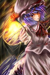 Rule 34 | 1girl, bat wings, blouse, cloud, dutch angle, eyelashes, female focus, flower, foreshortening, giving, hat, hat ribbon, light purple hair, looking at viewer, nihane hituzi, outstretched arm, parted lips, red eyes, religious offering, remilia scarlet, ribbon, shirt, short hair, skirt, slit pupils, solo, sunset, touhou, twilight, water, wings