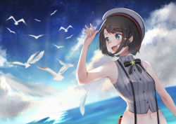 Rule 34 | 1girl, :s, absurdres, aqua eyes, arms up, bare arms, bare shoulders, bird, black bow, black bowtie, blouse, blue sky, bow, bowtie, braid, brown hair, buttons, cropped shirt, french braid, grey hat, grey shirt, hair ornament, hairclip, hat, high collar, highres, hololive, horizon, looking away, looking to the side, midriff, namiki (namiki071897), navel, nose, ocean, oozora subaru, oozora subaru (work), pinstripe pattern, pinstripe shirt, sailor hat, seagull, shirt, short hair, sky, sleeveless, sleeveless shirt, solo, star (sky), star (symbol), starry sky, striped clothes, striped shirt, suspenders, swept bangs, vertical-striped clothes, vertical-striped shirt, virtual youtuber