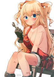 Rule 34 | 1girl, akai haato, blonde hair, blue eyes, blush, breasts, closed mouth, commentary request, feet out of frame, hair between eyes, hair ornament, hairclip, heart, heart hair ornament, highres, holding, holding wrench, hololive, large breasts, long hair, looking at viewer, magowasabi, naked overalls, on chair, overall shorts, overalls, red overalls, signature, simple background, sitting, solo, tool belt, twitter username, two side up, very long hair, virtual youtuber, white background, wooden chair, wrench, x hair ornament