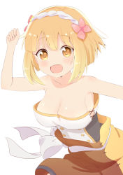 Rule 34 | 1girl, :d, arm up, bare arms, bare shoulders, blonde hair, blush, breasts, brown eyes, brown shorts, cleavage, collarbone, commentary request, derivative work, endro!, fai fai, flower, hair flower, hair ornament, medium breasts, open mouth, pink flower, shirt, short hair, shorts, simple background, smile, solo, strapless, white background, white shirt, yutsuki warabi