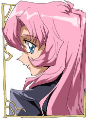 Rule 34 | 1girl, blue eyes, from behind, highres, long hair, looking at viewer, looking back, parted lips, pink hair, profile, shino (2919), shoujo kakumei utena, smile, solo, tenjou utena, upper body, white background