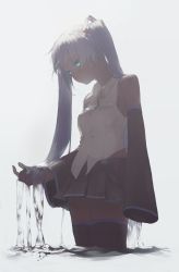 Rule 34 | 1girl, amo (silent bomb19), aqua eyes, aqua hair, bad id, bad twitter id, bare shoulders, black skirt, breasts, buttons, detached sleeves, expressionless, glowing, glowing eyes, hair ornament, hand in own hair, hatsune miku, highres, liquid hair, long hair, partially submerged, pleated skirt, shirt, simple background, skirt, sleeveless, sleeveless shirt, sleeves past wrists, solo, standing, thighhighs, twintails, vocaloid, wading, water, white background, wide sleeves, zettai ryouiki