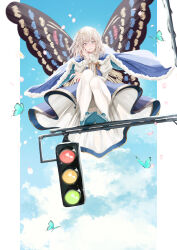Rule 34 | 1boy, absurdres, androgynous, antinese, blonde hair, blue cloak, blue eyes, blue footwear, blue sky, blush, bug, butterfly, cloak, dress, fate/grand order, fate (series), from below, fur-trimmed cloak, fur trim, grey hair, highres, insect, looking at viewer, male focus, oberon (fate), pantyhose, short hair, sky, solo, squatting, traffic light, white pantyhose
