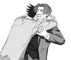 Rule 34 | 2boys, ace attorney, arms up, ascot, blush, forehead, from behind, godzillapigeon1, greyscale, hair intakes, halftone, hand up, highres, hug, jacket, long sleeves, male focus, miles edgeworth, monochrome, multiple boys, open clothes, open jacket, open mouth, phoenix wright, pocket, shirt, short hair, simple background, spiked hair, surprised, sweat, teeth, upper body, v-shaped eyebrows, vest, white background, yaoi