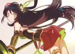 1girl bad_id bad_twitter_id bare_shoulders black_hair breasts brown_eyes brown_shirt buun_ko character_request closed_mouth copyright_request elbow_gloves floating_hair flower gloves gold_trim green_gloves green_ribbon hair_flower hair_ornament hair_ribbon holding holding_weapon leaning_forward long_hair looking_at_viewer looking_back medium_breasts pink_flower pleated_skirt red_skirt ribbon shirt skirt solo very_long_hair weapon