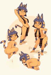 Rule 34 | 1girl, :&lt;, absurdres, all fours, animal crossing, animal ears, ankh, ankha (animal crossing), armpits, arms up, ass, bob cut, breast curtains, breasts, cat ears, cat girl, cat tail, colored skin, completely nude, edtropolis, furry, furry female, hair ornament, hand on own hip, highres, looking at viewer, medium breasts, nintendo, nude, pelvic curtain, smile, snake hair ornament, striped tail, tail, yellow fur, yellow skin