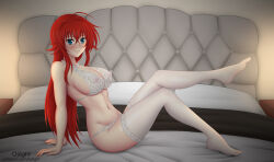 Rule 34 | 1girl, ahoge, arm support, artist name, blue eyes, blush, bra, breasts, cleavage, closed mouth, covered erect nipples, crossed bangs, crossed legs, from side, hair between eyes, hair intakes, high school dxd, jewelry, large breasts, leaning back, long hair, looking at viewer, lying, navel, necklace, no shoes, on back, oslight, panties, patreon username, pearl necklace, red hair, rias gremory, sitting, smile, solo, thighhighs, underwear, underwear only, white bra, white panties, white thighhighs