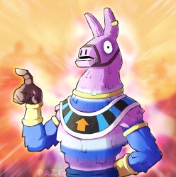 Rule 34 | 1other, absurdres, animal ears, armlet, artist name, beerus, blue fur, blue sash, bracer, commentary, dragon ball, ear ornament, egyptian clothes, english commentary, fortnite, furry, fusion, gradient background, hand up, highres, llama, multicolored fur, pointing, purple fur, red background, sash, supply llama (fortnite), what, white fur, wrist cuffs, xdaze