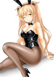 Rule 34 | 1girl, alternate costume, animal ears, black leotard, bow, bowtie, breasts, brown eyes, brown pantyhose, cleavage, detached collar, fake animal ears, hair between eyes, hair flaps, kantai collection, kudou (ooabareteng), leotard, light brown hair, long hair, looking at viewer, medium breasts, murasame (kancolle), murasame kai ni (kancolle), one eye closed, pantyhose, playboy bunny, rabbit ears, simple background, sitting, solo, strapless, strapless leotard, twintails, two side up, white background, wrist cuffs