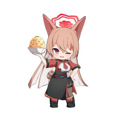 Rule 34 | 1girl, ;d, ame., animal ear fluff, animal ears, apron, black apron, black footwear, blue archive, boots, bowl, brown hair, brown pants, chibi, commentary request, food, fried rice, full body, hair between eyes, halo, hand on own hip, hand up, highres, holding, holding bowl, jacket, long hair, looking at viewer, necktie, one eye closed, open mouth, pants, purple eyes, red jacket, red necktie, rumi (blue archive), shirt, short necktie, simple background, smile, solo, standing, very long hair, white background, white shirt