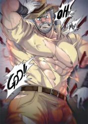 Rule 34 | 1boy, abs, absol (dkqthf), against wall, armpit hair, armpits, bara, beard, biceps, blue eyes, blush, collared shirt, facial hair, feet out of frame, gloves, green hair, hairy, hand on headwear, hat, jojo no kimyou na bouken, joseph joestar, joseph joestar (old), knife, large pectorals, leather, leather belt, looking at viewer, male focus, manly, mature male, muscular, muscular male, nipples, pants, pectorals, shirt, short hair, solo, speech bubble, spiked hair, teeth, thick arms, thick eyebrows, torn clothes, veins, veiny arms, wall, weapon