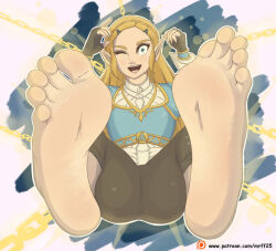 Rule 34 | 1girl, barefoot, blonde hair, blue eyes, chain, feet, foot focus, mrff25, nintendo, one eye closed, pointy ears, princess, princess zelda, princess zelda (botw), soles, the legend of zelda, the legend of zelda: breath of the wild, time stop, toes, trapped, watermark, web address, wink
