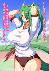 Rule 34 | 1girl, adjusting hair, arms up, blush, breasts, buruma, dragon girl, dragon horns, dragon tail, dream demon, green hair, gym uniform, horns, huge breasts, impossible clothes, large breasts, long hair, mole, monster girl, mouth hold, navel, open mouth, original, ponytail, red eyes, ribbon, running track, scales, shirt, smile, solo, t-shirt, tail, thighs, translation request