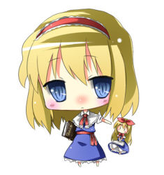 Rule 34 | 2girls, alice margatroid, bad id, bad pixiv id, blonde hair, book, chibi, doll, female focus, full body, lowres, multiple girls, shanghai doll, short hair, simple background, solo, standing, subachi, touhou, white background