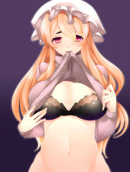Rule 34 | 1girl, bad id, bad pixiv id, black bra, blonde hair, blush, bra, breasts, clothes lift, female focus, highres, lace, lace-trimmed bra, lace trim, large breasts, long hair, looking at viewer, maribel hearn, mouth hold, navel, no panties, red eyes, ribbed sweater, shirt lift, simple background, solo, sweat, sweater, sweater lift, touhou, underwear, yakumo yukari, yutazou