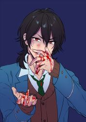 Rule 34 | 10s, 1boy, angry, black hair, blood, blood on clothes, blood on face, blood on hands, blue background, bruise, bruise on face, cardigan, ensemble stars!, green necktie, hiwakana6121, injury, male focus, necktie, nosebleed, red eyes, sakuma rei (ensemble stars!), school uniform, shaded face, simple background, solo, wavy hair, wing collar