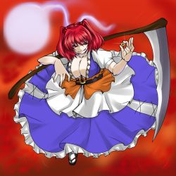 Rule 34 | 1girl, breasts, cleavage, female focus, hair bobbles, hair ornament, large breasts, onozuka komachi, red eyes, red hair, sandals, scythe, short hair, solo, suwi, tabi, touhou, twintails, two side up