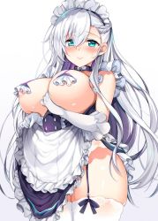 Rule 34 | 1girl, aburidashi zakuro, apron, apron lift, aqua eyes, asymmetrical bangs, azur lane, bare shoulders, belfast (azur lane), between breasts, black collar, black dress, black ribbon, blush, braid, breast hold, breasts, breasts out, chain, closed mouth, clothes lift, collar, commentary request, content rating, corset, covering nipples, covering privates, cowboy shot, dress, french braid, frilled apron, frilled dress, frilled gloves, frills, garter straps, gloves, hair between eyes, large breasts, legs together, long hair, looking at viewer, maid, maid apron, maid headdress, nipples, panties, pantyshot, ribbon, shiny skin, silver hair, skindentation, sleeveless, sleeveless dress, smile, solo, sparkle, standing, tareme, thick thighs, thighhighs, thighs, underwear, very long hair, waist apron, white apron, white background, white gloves, white panties, white thighhighs