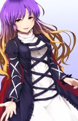 Rule 34 | 1girl, blonde hair, cape, commentary, dress, gradient background, gradient hair, highres, hijiri byakuren, juliet sleeves, layered clothes, layered dress, long hair, long sleeves, looking at viewer, multicolored hair, nanahi toshi, open hands, puffy sleeves, purple hair, smile, solo, touhou, turtleneck, wavy hair, yellow eyes