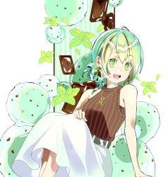 Rule 34 | 1girl, bare arms, bare shoulders, chocolate, earrings, feet out of frame, food, green eyes, green hair, hand on own knee, high-waist skirt, highres, jewelry, mint, multicolored hair, necklace, okutani toro, open mouth, original, ribbed sweater, sitting, skirt, sleeveless, sleeveless sweater, smile, solo, sweater, symbol-only commentary, two-tone hair, white skirt