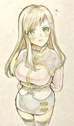 Rule 34 | 1girl, black thighhighs, breasts, brown hair, closed mouth, green eyes, hair ornament, hairclip, highres, long hair, looking at viewer, murata tefu, pencil skirt, pout, simple background, skirt, solo, sophia esteed, star ocean, star ocean till the end of time, thighhighs