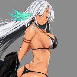 Rule 34 | 1girl, arched back, arms behind back, ass, azur lane, bare shoulders, bikini, bikini under clothes, black jacket, breasts, brown eyes, butt crack, cleavage, colored eyelashes, commentary request, dark-skinned female, dark skin, from side, grey background, halterneck, highres, jacket, unworn jacket, jitome, large breasts, long hair, long sleeves, looking at viewer, massachusetts (azur lane), multicolored hair, navel, open clothes, schreibe shura, silver hair, simple background, skindentation, solo, swimsuit, swimsuit under clothes, thong bikini