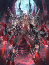 Rule 34 | 1girl, angry, armor, aura, bare shoulders, bikini armor, black horns, body markings, chromatic aberration, claw (weapon), collarbone, crack, cracked floor, dark-skinned female, dark aura, dark skin, facial mark, fangs, gauntlets, glowing, greaves, grey hair, hair between eyes, highres, horns, long hair, looking at viewer, moon, navel, open mouth, orange eyes, pauldrons, pixiv fantasia, pixiv fantasia revenge of the darkness, plaster (2501), shoulder armor, slit pupils, solo, spiked pauldrons, spikes, tail, teeth, toned, tongue, weapon