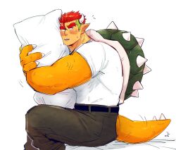 Rule 34 | 1boy, bara, belt, black belt, black eyes, blush, bowser, brown pants, claws, feet out of frame, highres, horns, hugging object, humanization, male focus, mario (series), motion lines, nintendo, orange skirt, pants, parted lips, pillow, pointy ears, red hair, reptile boy, sharp teeth, shirt, short sleeves, skirt, solo, spiked shell, spiked tail, sweatdrop, tail, teeth, thick eyebrows, turtle shell, white shirt, yowasabimechaoc